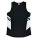 A black singlet featuring white panels and stripes, with a logo on the front. Suitable for active wear.
