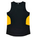 A black singlet with yellow accents and a logo on the back.