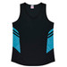 A black singlet featuring blue side panels and a logo on the upper centre.