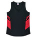 A black singlet featuring red accents and a logo, designed for women's wear.