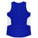 A blue singlet with white side panels and a branding logo, designed for women's wear.