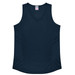 A navy singlet with a V-neck design, featuring styling details on the sides and a logo.