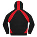 A black hoodie featuring red side panels and a hood, with a logo on the back.