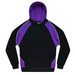 A black hoodie featuring purple accents and a kangaroo pocket. It has a hood and includes a logo.