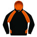 A black and orange kids' hoodie featuring a kangaroo pocket and a hood, with a logo on the front.