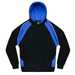 A black hoodie with blue accents, featuring a front pocket and a drawstring hood. It has a logo on the chest area.
