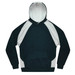 A hoodie featuring a combination of dark green and white colours, with a front pocket and a hood.