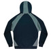 A hoodie featuring a colour block design in dark blue and grey, with a hood and long sleeves. It has a logo.