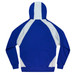 A blue and light grey hoodie with a large hood and contrasting panels on the back. It features a logo.