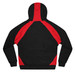 A black hoodie with red accents on the shoulders and back, featuring a hood and long sleeves.