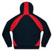 A black hoodie with red accents on the shoulders and hood, featuring a logo.