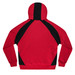 A red hoodie with black accents on the shoulders and hood, featuring a logo.