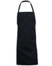 A black bib apron featuring an adjustable neck strap and a front pocket. It has a logo on the front.