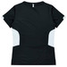 A black women's t-shirt with white accents on the sides and a discreet logo. Suitable for casual wear.