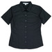 A black short-sleeve button-up shirt with a fitted design and a collar, featuring branding.