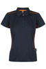 A dark navy polo shirt with short sleeves and orange piping accents. It features a collar and a brand logo.