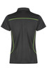 A black polo shirt with contrasting green accents and a logo. Designed for women's fit.