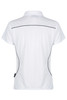 A white polo shirt featuring a fitted design with black piping and a logo at the hem.