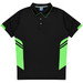 A black polo shirt with neon green accents and stripes on the sides, featuring a collar and buttons.