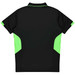 A black polo shirt with bright green accents on the sides and back. It features a collar and a logo.