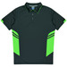 A dark green polo shirt with bright green accents and a branded logo. Features a classic collar and three-button placket.
