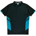 A dark green polo shirt with turquoise accents and stripes, featuring a collar and three buttons. It has a logo.