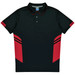 A black and red polo shirt with a collar and three-button placket, featuring a logo on the chest.