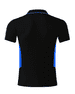 A black polo shirt with blue side panels and a logo on the collar.