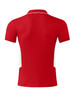 A red polo shirt with white side panels and a collar, featuring a logo on the front.