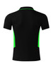 A black polo shirt with green side panels, featuring a collar and short sleeves. It has a logo.