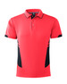 A red polo shirt featuring black accents and a logo on the chest. Suitable for various casual occasions.
