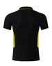 A black polo shirt with yellow side panels and a collar, featuring a logo on the back.