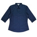 A button-up shirt in navy blue with 3/4 sleeves and a collar. The shirt has a logo on it.
