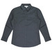 A long-sleeve button-up shirt in dark grey with a collar and a logo.
