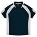A navy and white polo shirt featuring a collar, short sleeves, and contrasting side panels. Includes a logo.