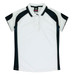 A white polo shirt with black accents and short sleeves, featuring a collar and buttons. It has a logo.
