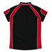 A black and red polo shirt featuring a classic collar and contrast piping. It has a logo on the back.