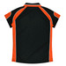 A black polo shirt with orange detailing and reflective accents, featuring a logo on the upper back.