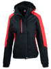 A black and red women's jacket with a hood, featuring a zippered pocket and a logo on the chest.