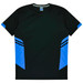 A black and blue T-shirt featuring a logo, designed for kids and promoting active wear.