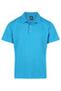 A vibrant blue polo shirt with a subtle pattern and a collar, featuring a logo on the chest.
