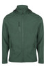 A green jacket with a full zipper and multiple pockets, featuring a hood and a branded logo.