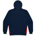 A navy hoodie featuring red side panels and a hood, with a logo on the back.