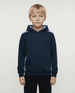 A navy blue hoodie for kids features a front pocket and a hood. It includes a logo on the upper chest area.
