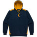 A navy hoodie featuring yellow accents on the shoulders and a front pocket. Includes a drawstring hood.