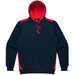 A navy blue hoodie with red accents and a front pocket, featuring a hood and drawstring, with a logo.