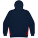 A navy hoodie with red side panels, featuring a hood and long sleeves, and displaying a logo.