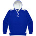 A blue hoodie with a white inner lining and side accents. It features a front pocket and a drawstring hood.