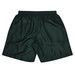 A pair of dark green sports shorts featuring an elastic waistband and a smooth finish.