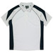 A white and navy polo shirt featuring a logo on the collar and a sporty design with contrasting panels.